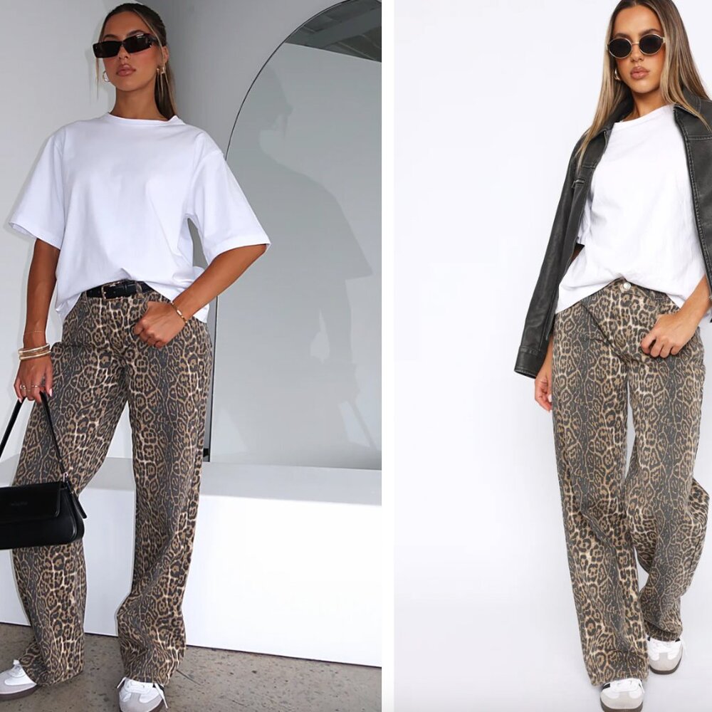 White Fox Stella Low Rise Wide Leg Jeans in Leopard - Picture 2 of 7